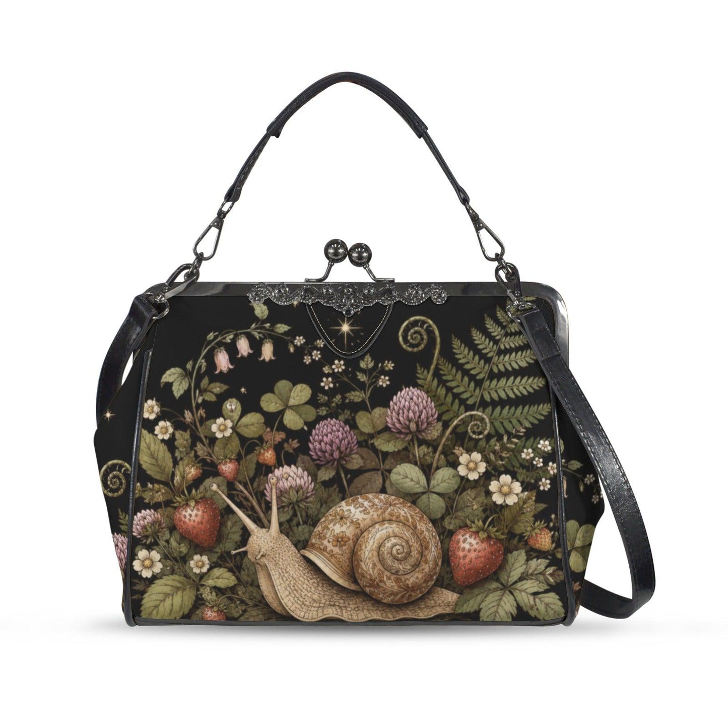 Strawberry Snail Kiss Lock Handbag, Dark Botanical Print Shoulder Bag