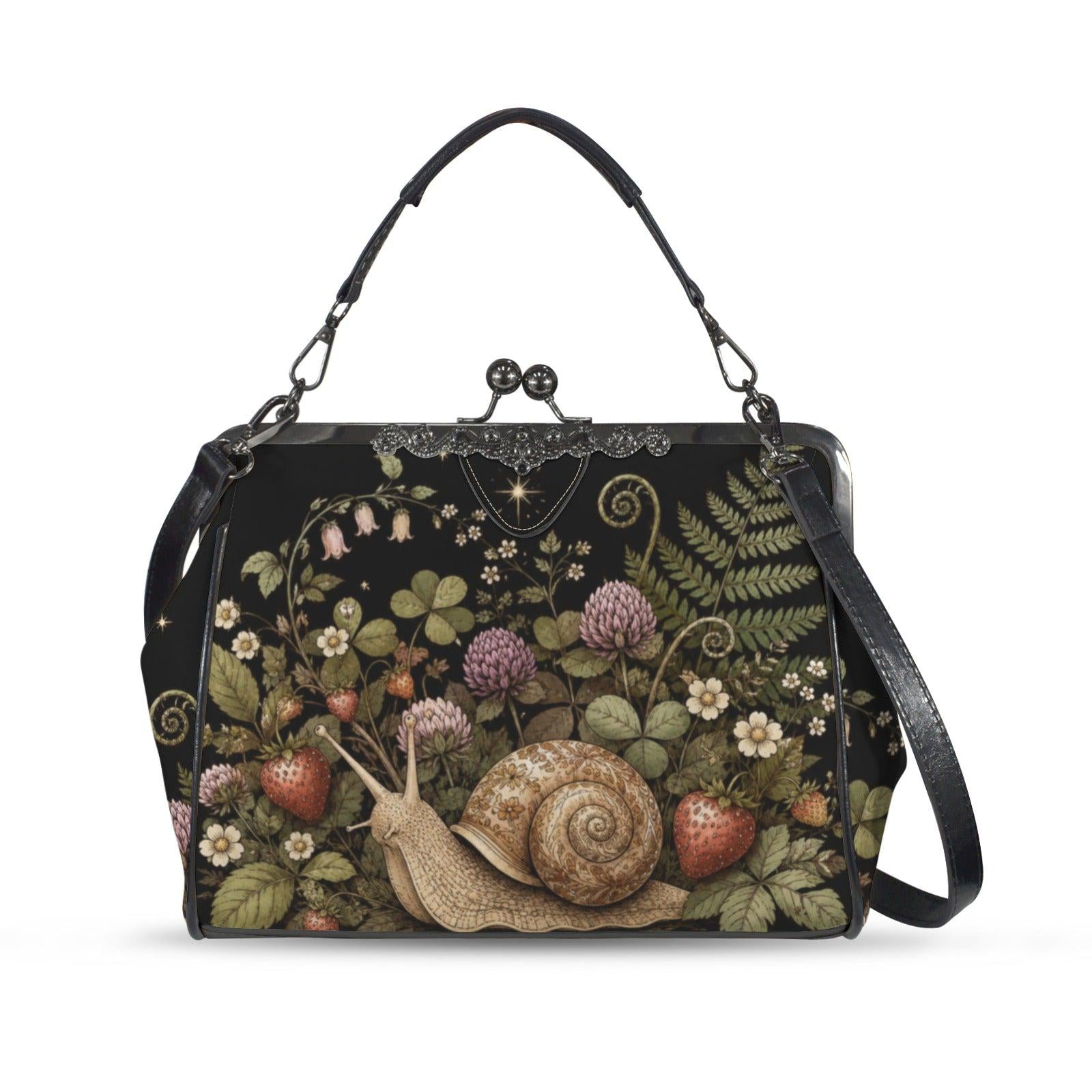 Strawberry Snail Kiss Lock Handbag, Dark Botanical Print Shoulder Bag
