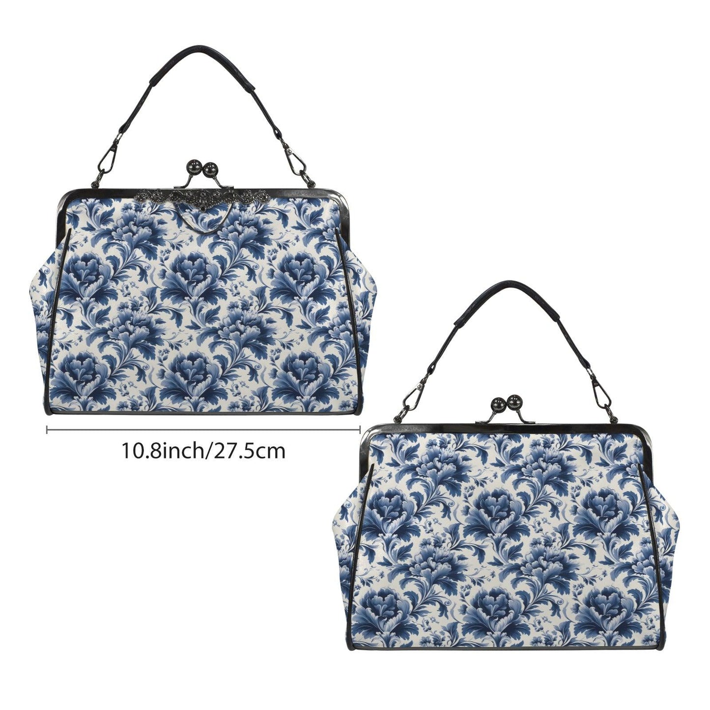 Blue Floral Kiss Lock Purse, Chinoiserie Porcelain Print Handbag, Vintage Style Crossbody Bag