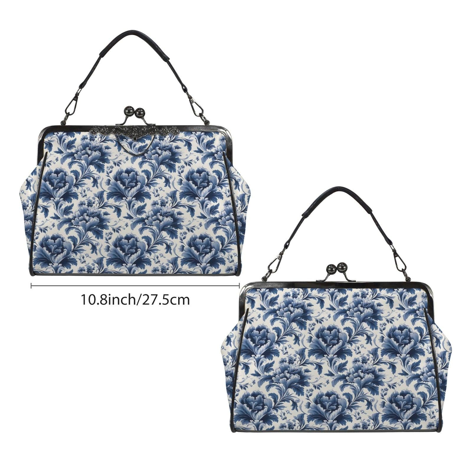 Blue Floral Kiss Lock Purse, Chinoiserie Porcelain Print Handbag, Vintage Style Crossbody Bag