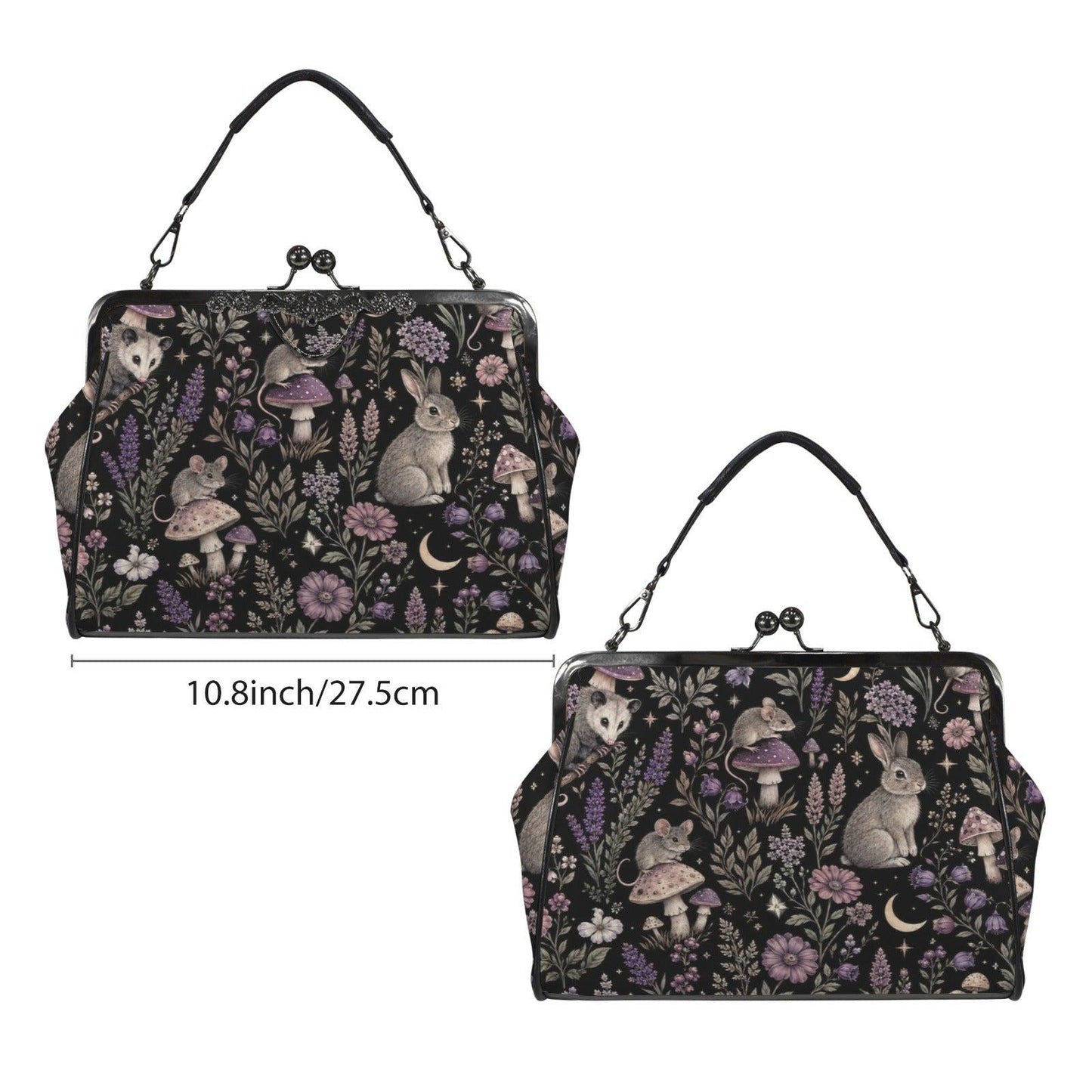 Woodland Animal Kiss Lock Bag, Opossum Rabbit Mouse Floral Print Purse