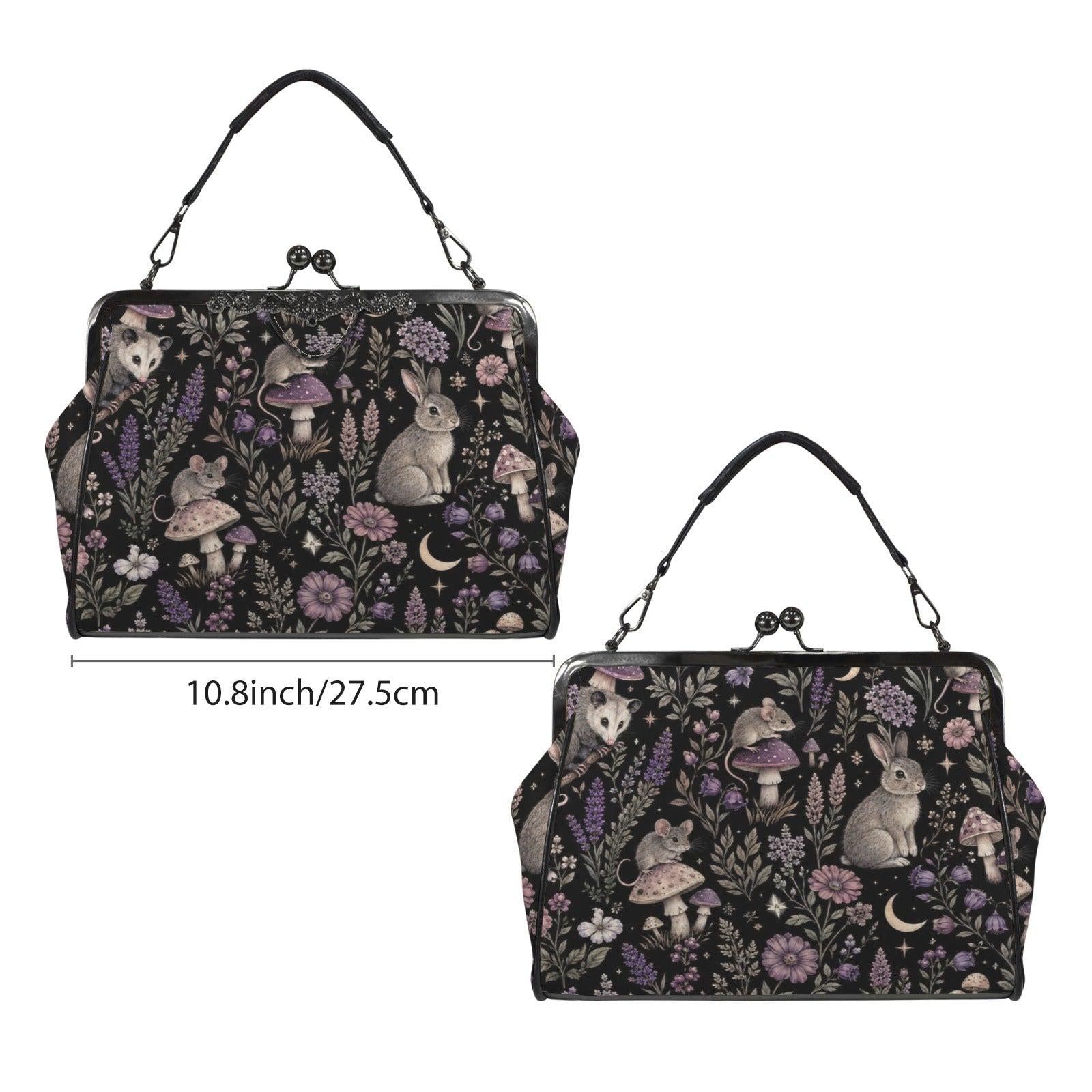 Woodland Animal Kiss Lock Bag, Opossum Rabbit Mouse Floral Print Purse
