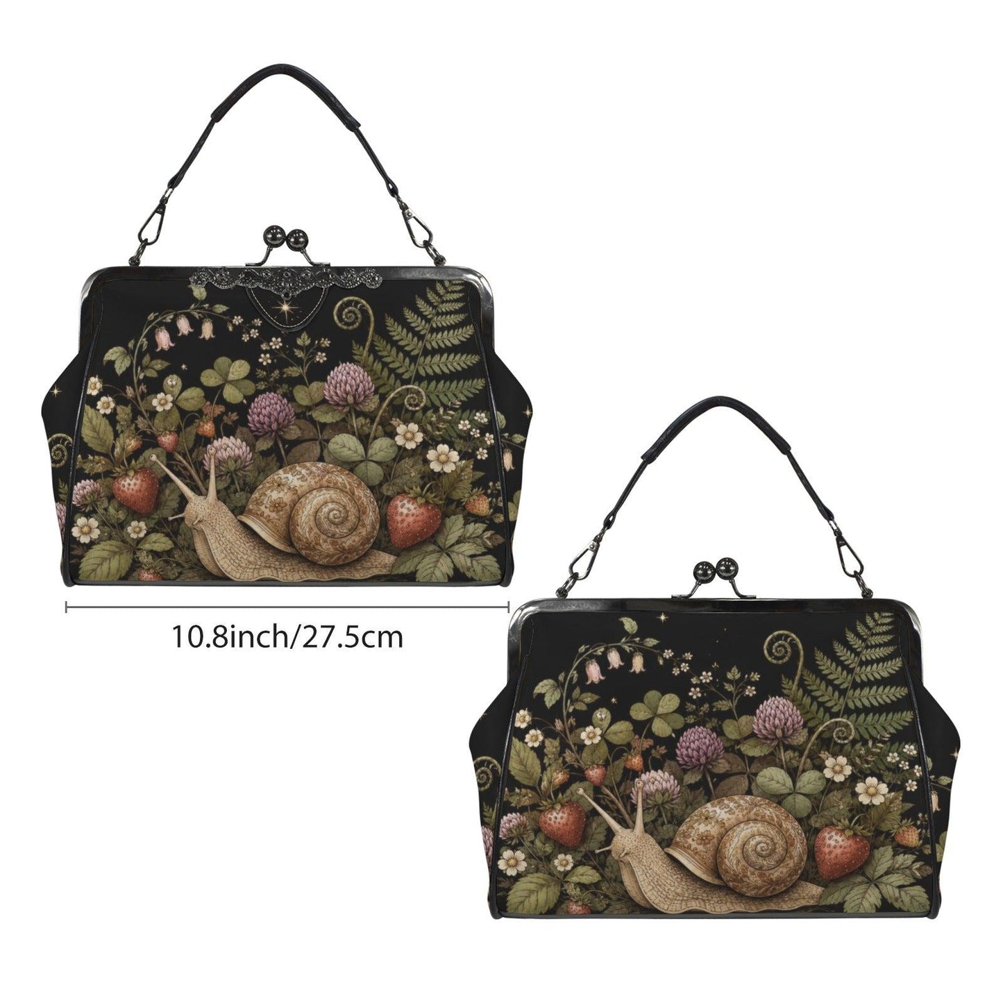 Strawberry Snail Kiss Lock Handbag, Dark Botanical Print Shoulder Bag