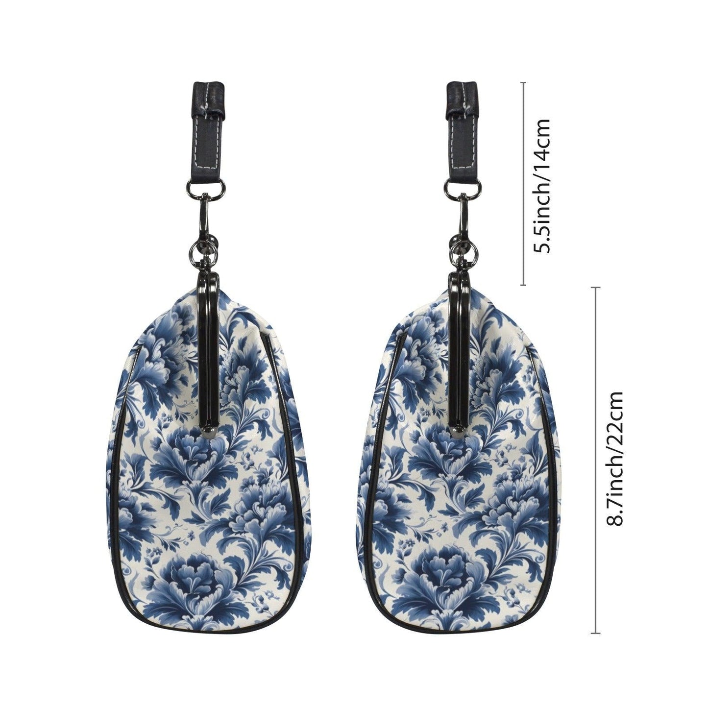 Blue Floral Kiss Lock Purse, Chinoiserie Porcelain Print Handbag, Vintage Style Crossbody Bag