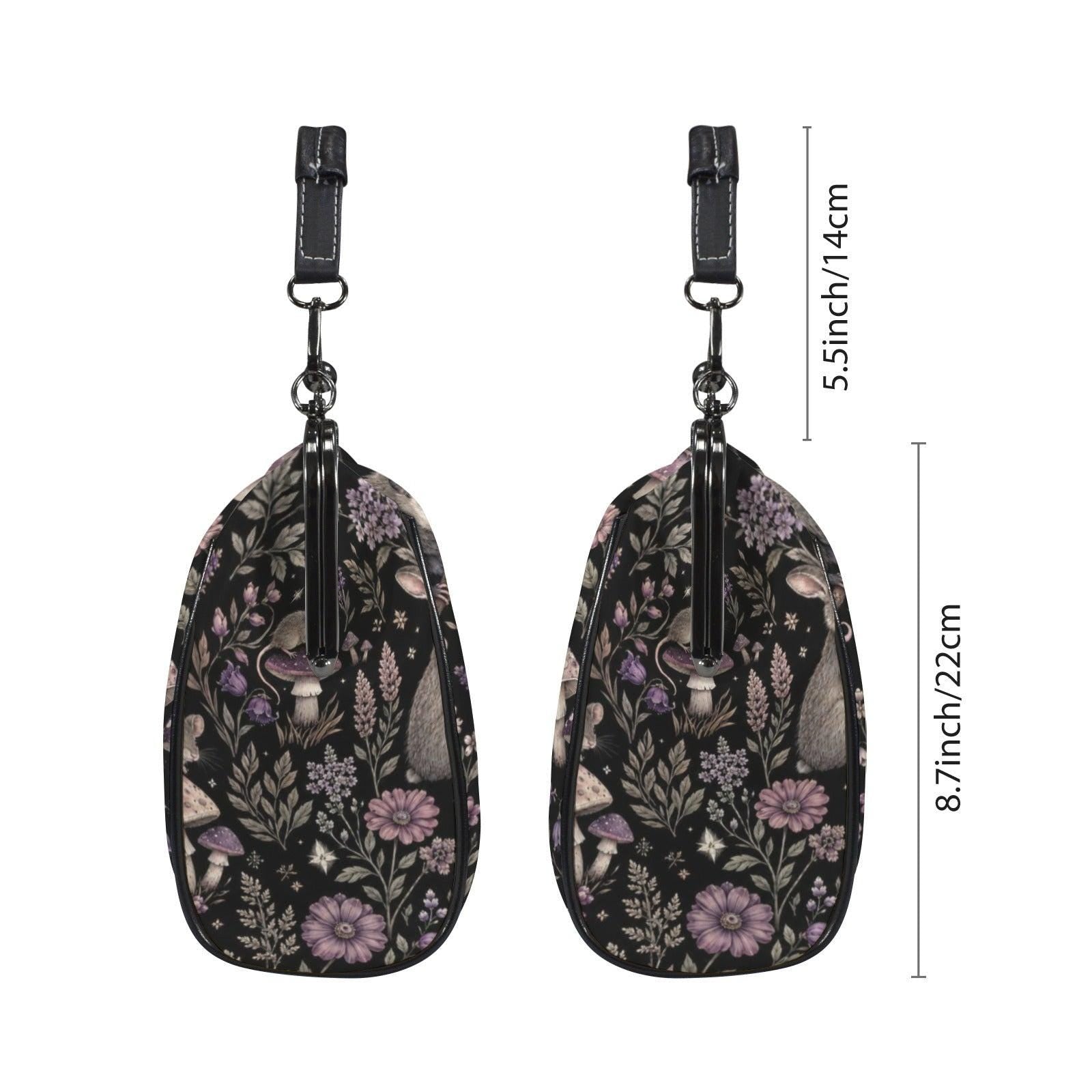 Woodland Animal Kiss Lock Bag, Opossum Rabbit Mouse Floral Print Purse