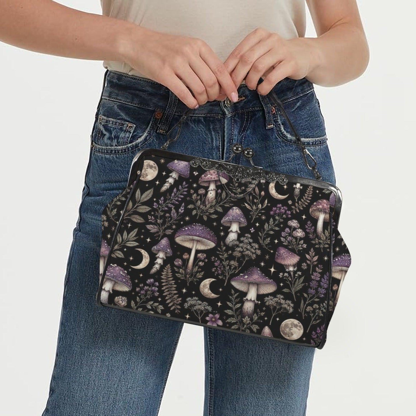 Witchy Mushroom Moth Print Crossbody Bag, Dark Forest Kisslock Purse