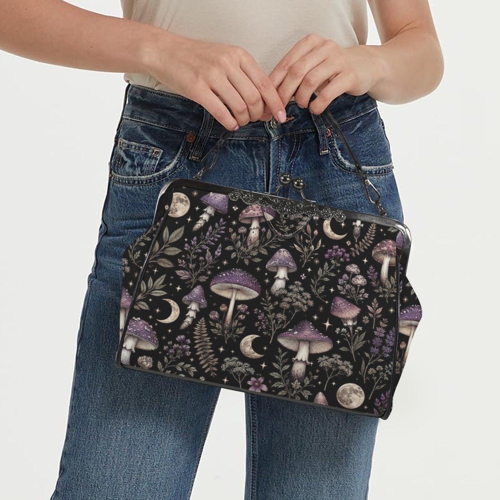 Witchy Mushroom Moth Print Crossbody Bag, Dark Forest Kisslock Purse