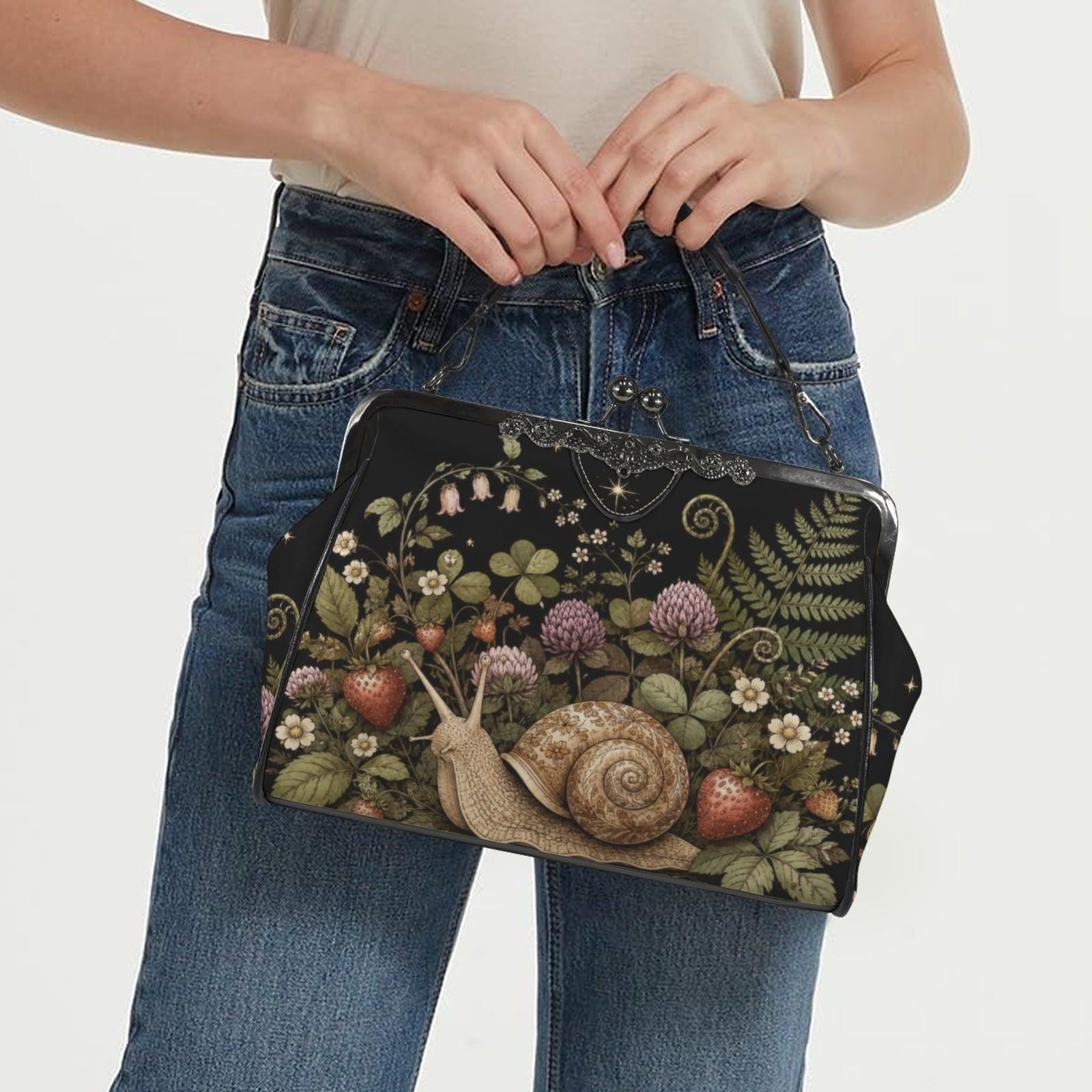 Strawberry Snail Kiss Lock Handbag, Dark Botanical Print Shoulder Bag