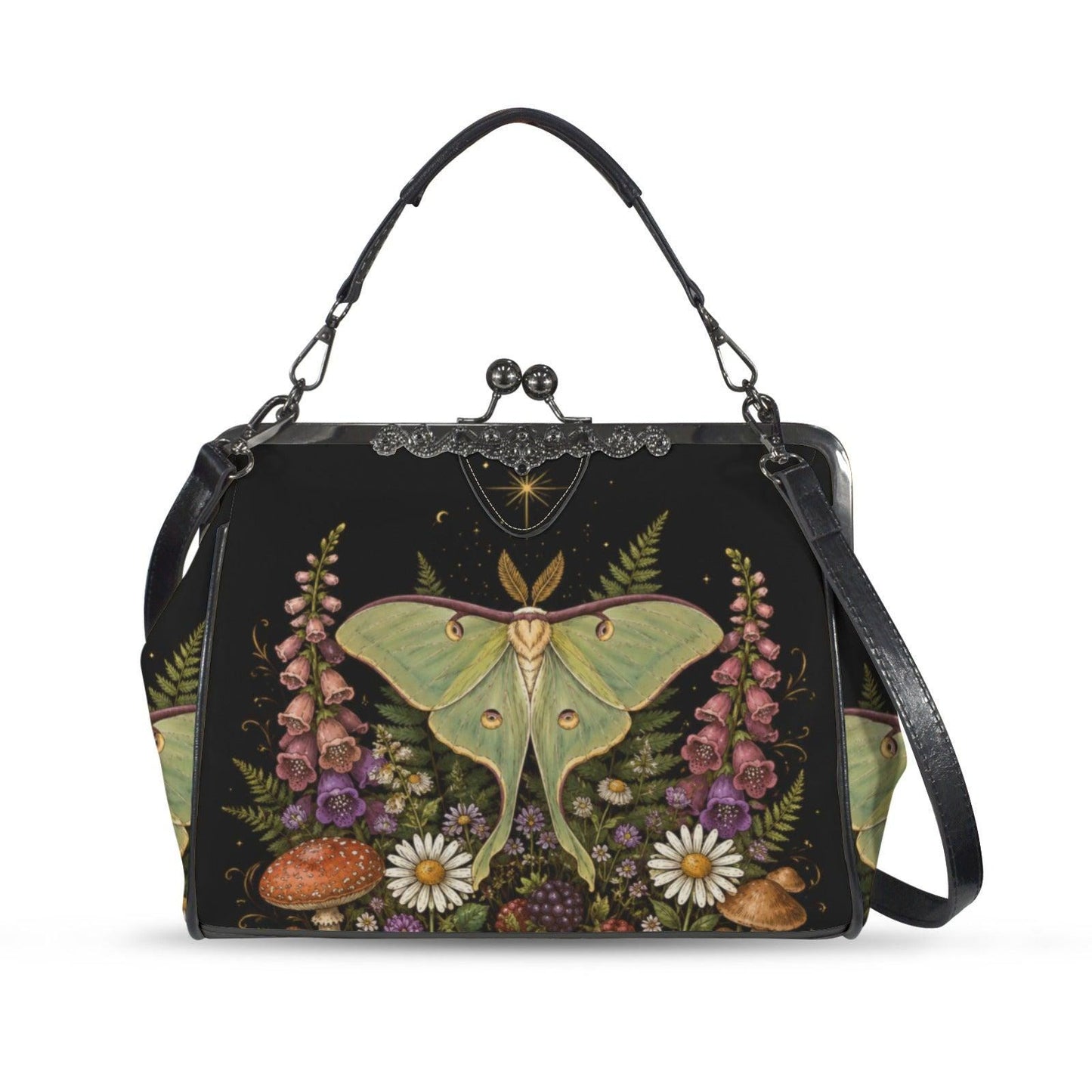 Luna Moth Wildflower Kiss Lock Handbag, Woodland Botanical Print Shoulder Bag