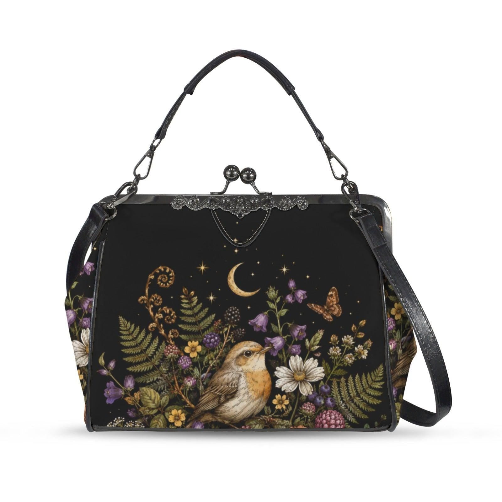 Whimsigoth Bird Moon Kiss Lock Handbag, Black Floral Garden Shoulder Bag