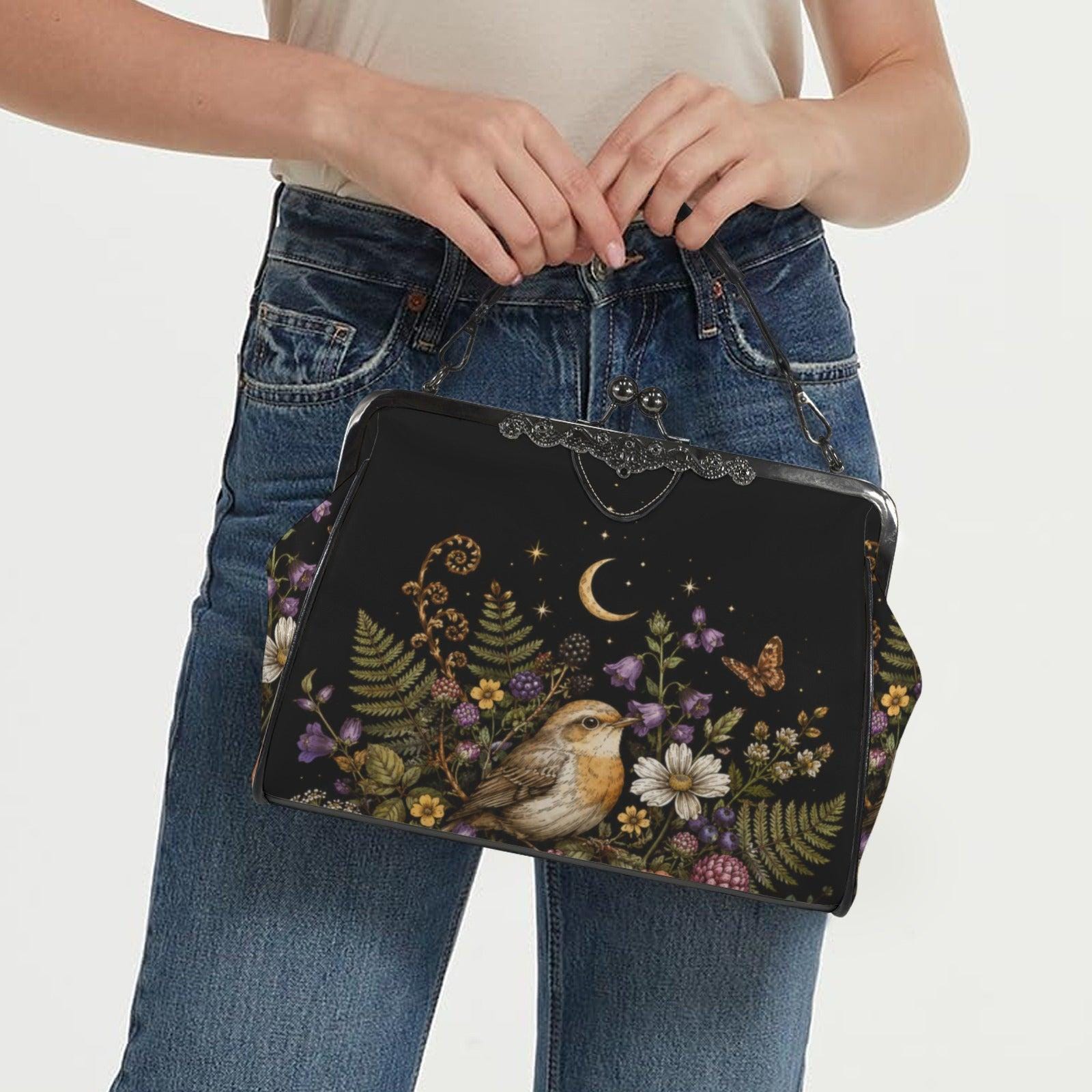 Whimsigoth Bird Moon Kiss Lock Handbag, Black Floral Garden Shoulder Bag