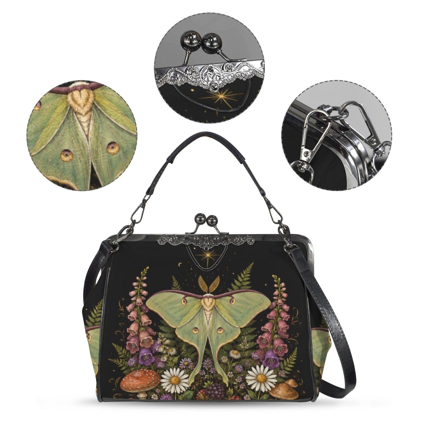 Luna Moth Wildflower Kiss Lock Handbag, Woodland Botanical Print Shoulder Bag