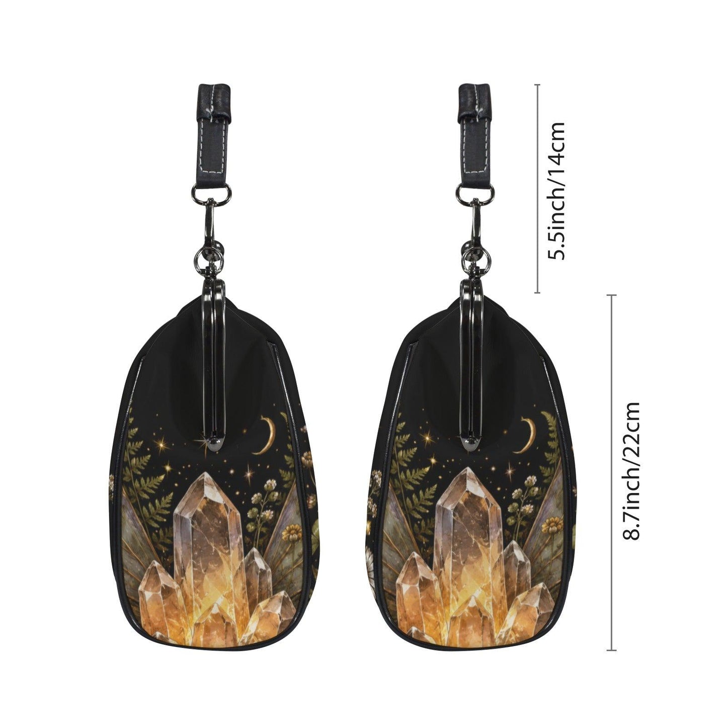 Fairycore Crystal Purse, Gold Quartz Fairy Wing Print Kiss Lock Cottage Witch Crossbody Bag