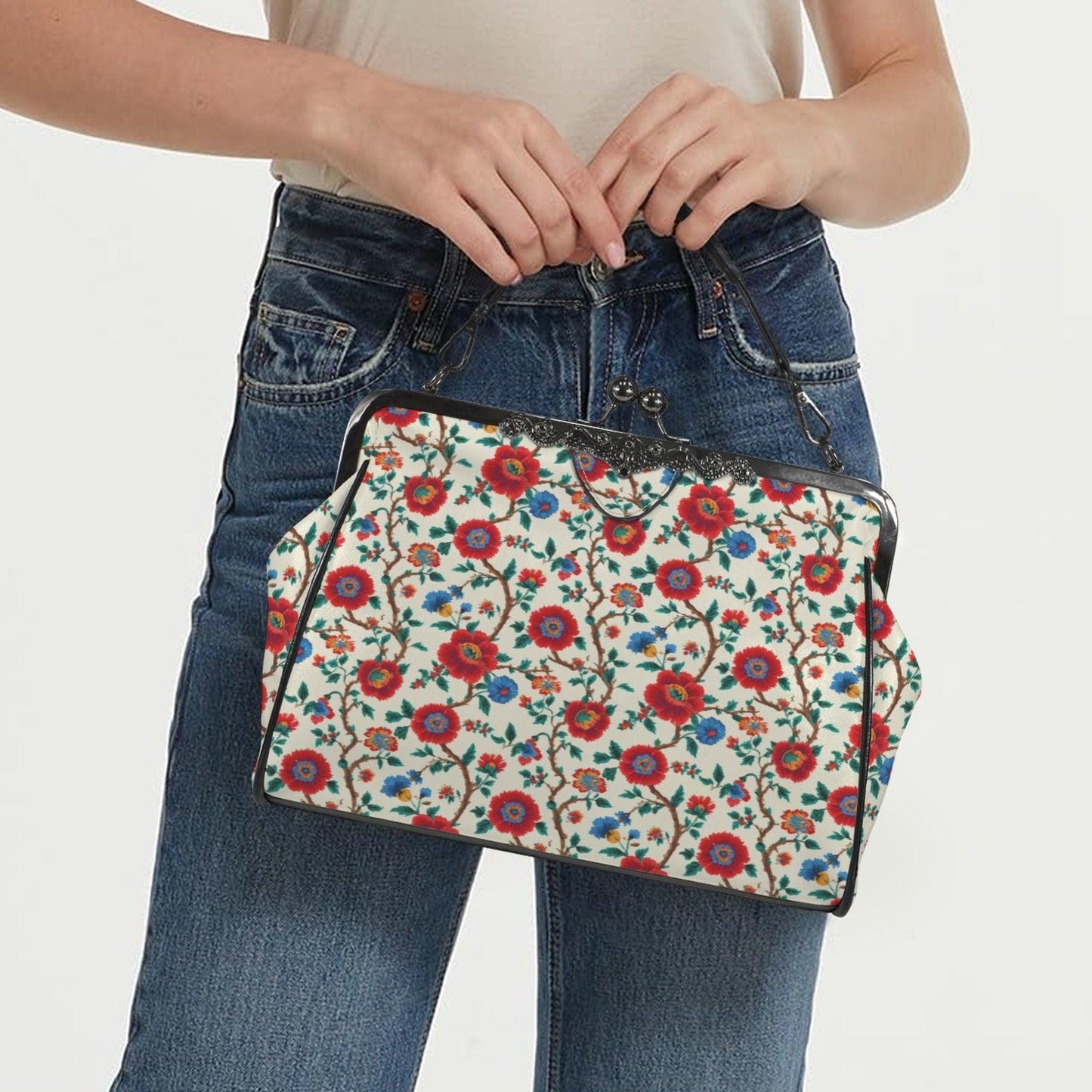 Red Rose Floral Kisslock Crossbody Bag, Vintage Style Shoulder Purse