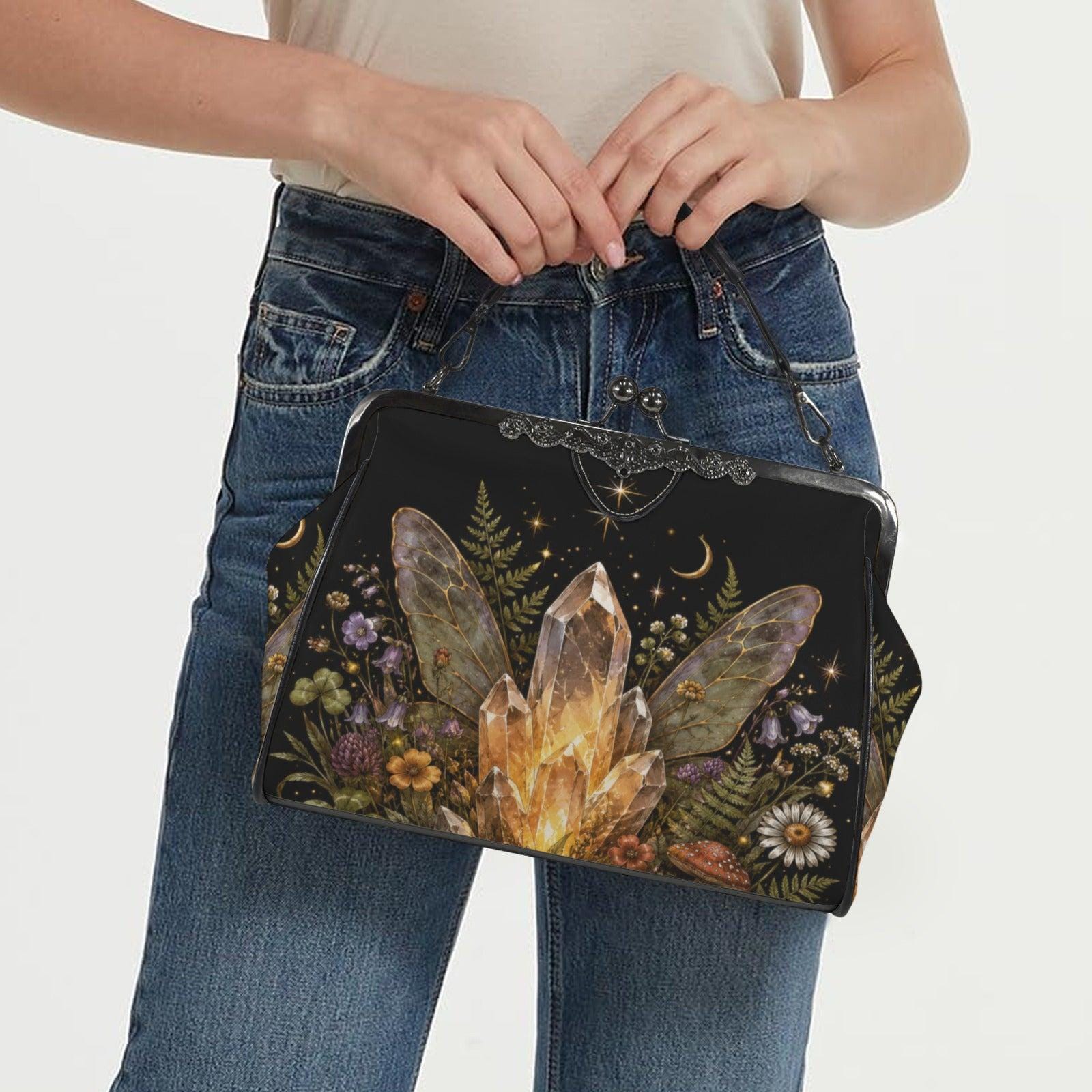 Fairycore Crystal Purse, Gold Quartz Fairy Wing Print Kiss Lock Cottage Witch Crossbody Bag