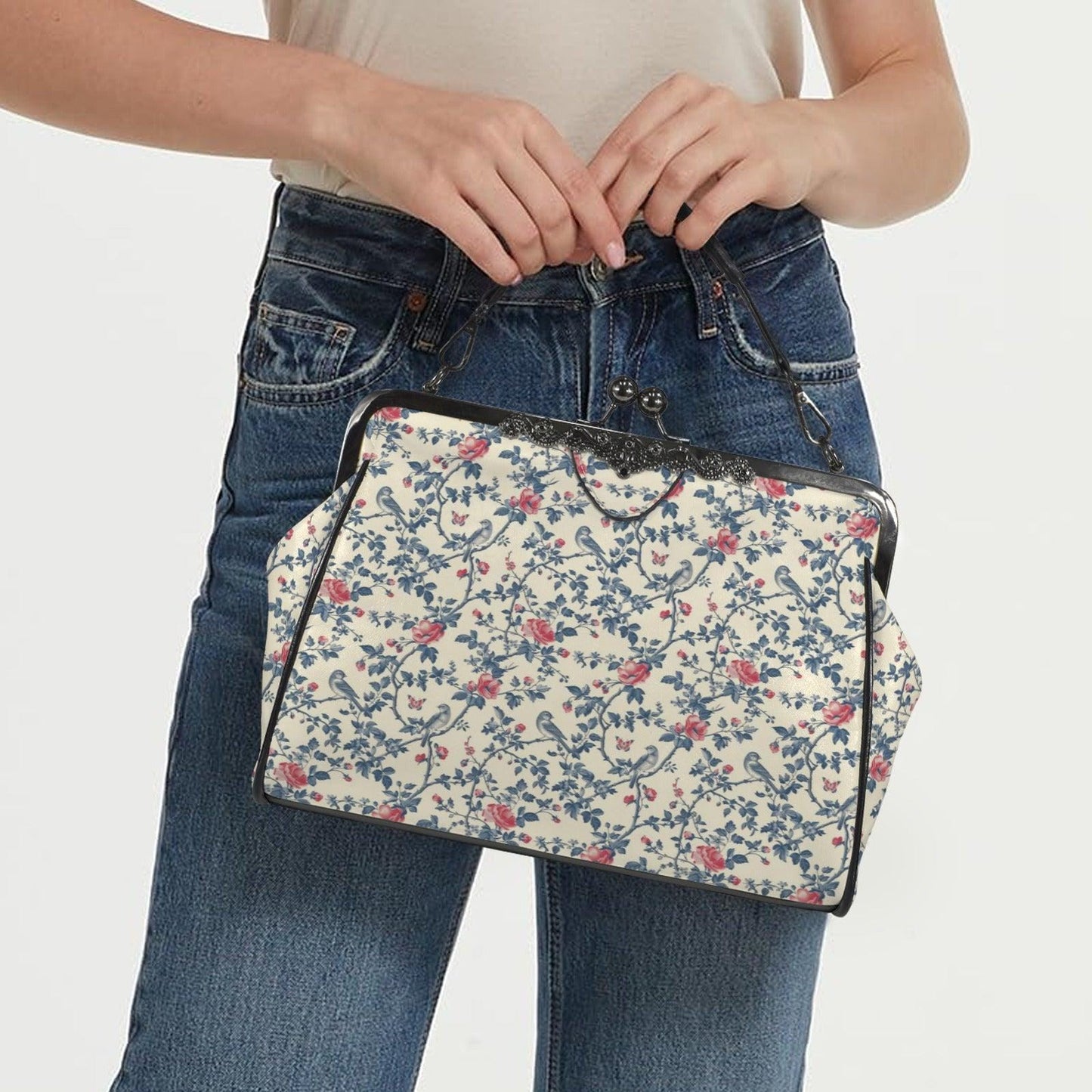 Floral Bird Print Kisslock Bag, Vintage Ditsy Shoulder Purse, Top Handle Bag