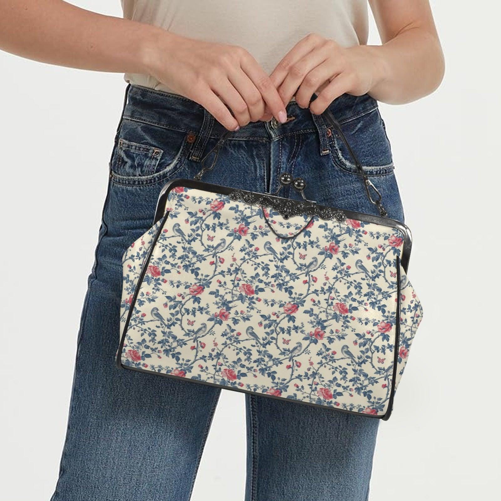 Floral Bird Print Kisslock Bag, Vintage Ditsy Shoulder Purse, Top Handle Bag
