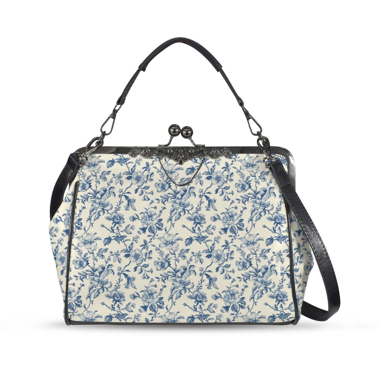 Blue Toile Handbag, Chinoiserie Floral Kiss Lock Purse, Detachable Strap Bag