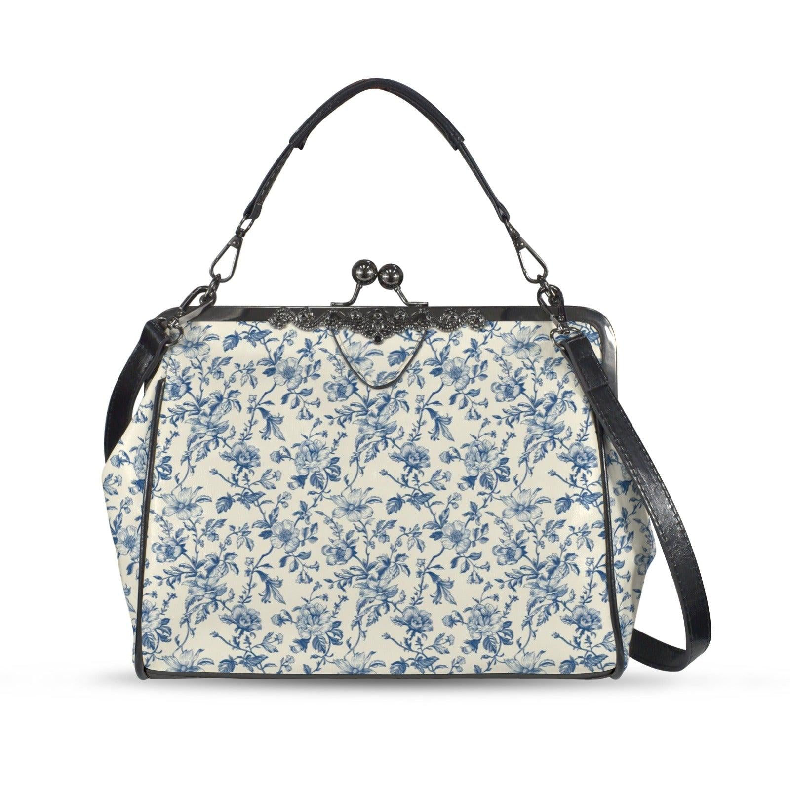 Blue Toile Handbag, Chinoiserie Floral Kiss Lock Purse, Detachable Strap Bag
