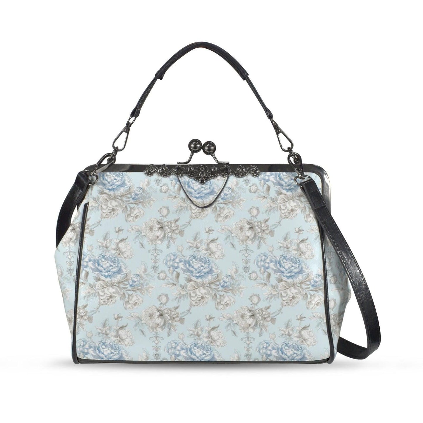 Blue Floral Kiss Lock Handbag, Vintage Style Rose Print Shoulder Bag