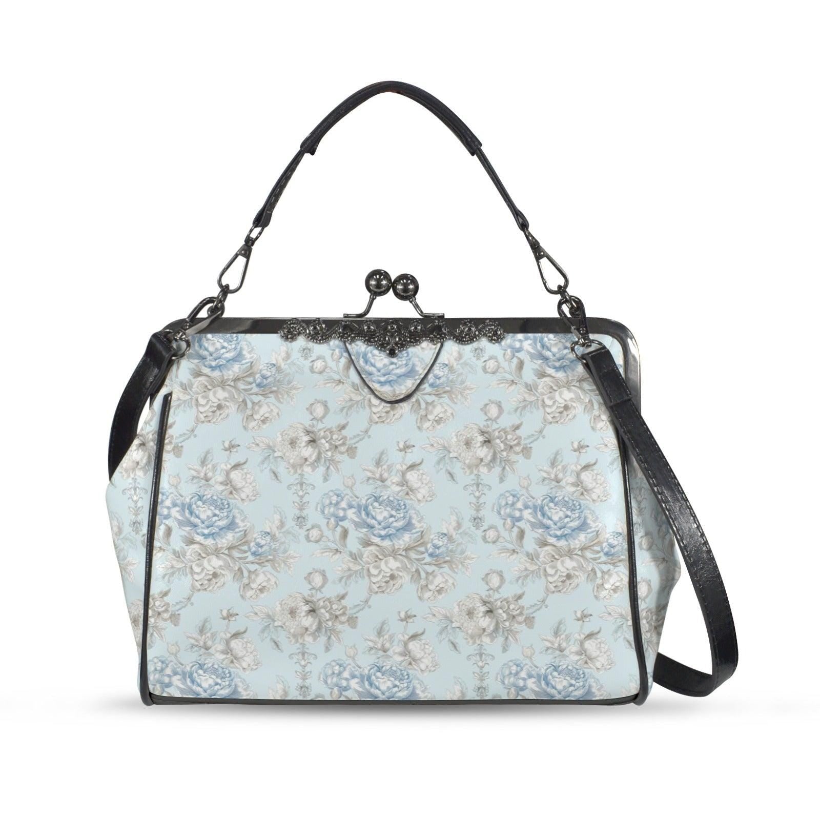 Blue Floral Kiss Lock Handbag, Vintage Style Rose Print Shoulder Bag