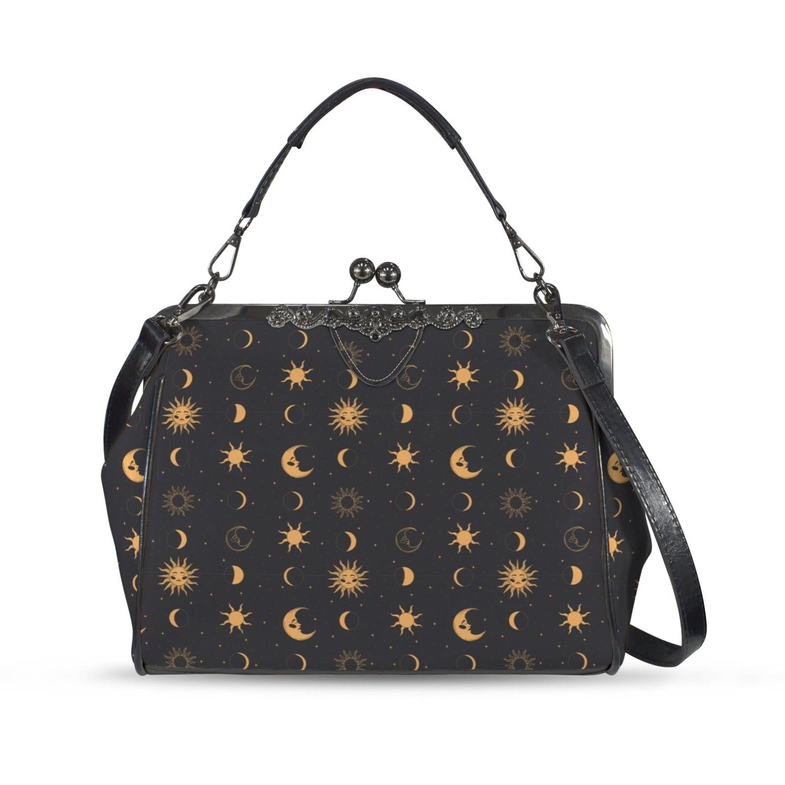 Black Gold Celestial Sun Moon Kiss Lock Handbag, Astrology Crossbody Bag