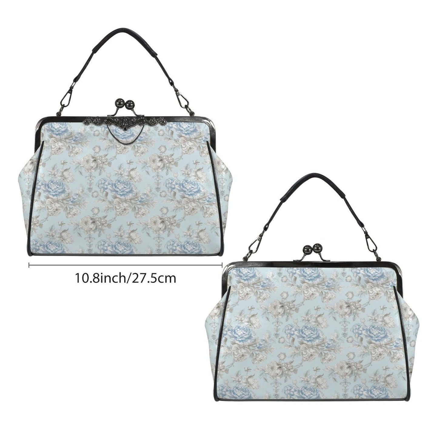 Blue Floral Kiss Lock Handbag, Vintage Style Rose Print Shoulder Bag