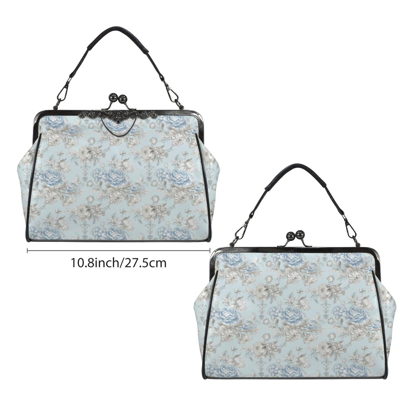 Blue Floral Kiss Lock Handbag, Vintage Style Rose Print Shoulder Bag