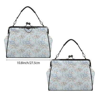Blue Floral Kiss Lock Handbag, Vintage Style Rose Print Shoulder Bag