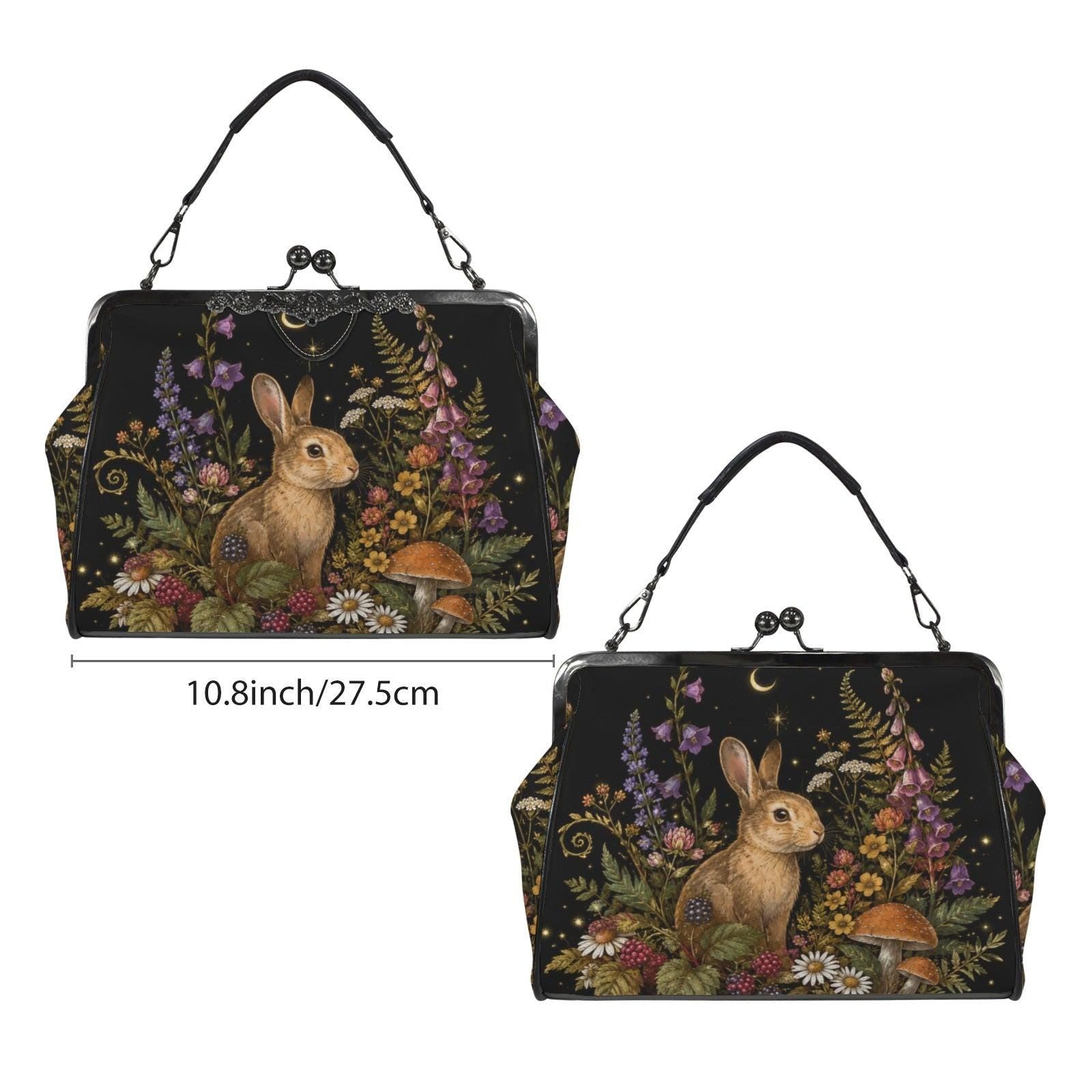 Rabbit and Wildflower Print Frame Purse with Top Handle and Shoulder Strap