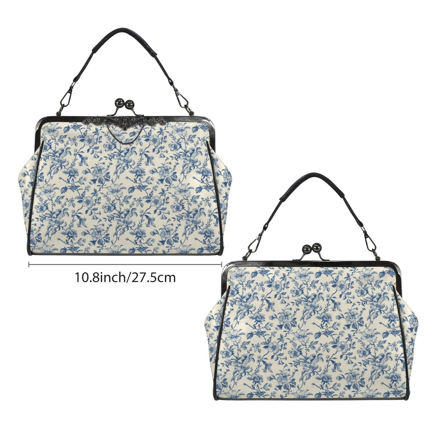 Blue Toile Handbag, Chinoiserie Floral Kiss Lock Purse, Detachable Strap Bag
