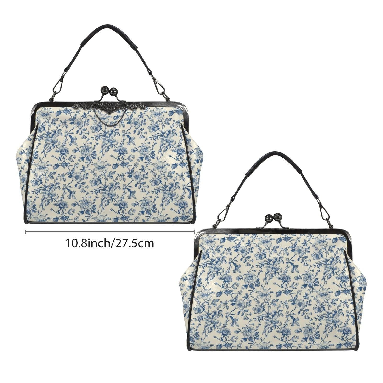 Blue Toile Handbag, Chinoiserie Floral Kiss Lock Purse, Detachable Strap Bag