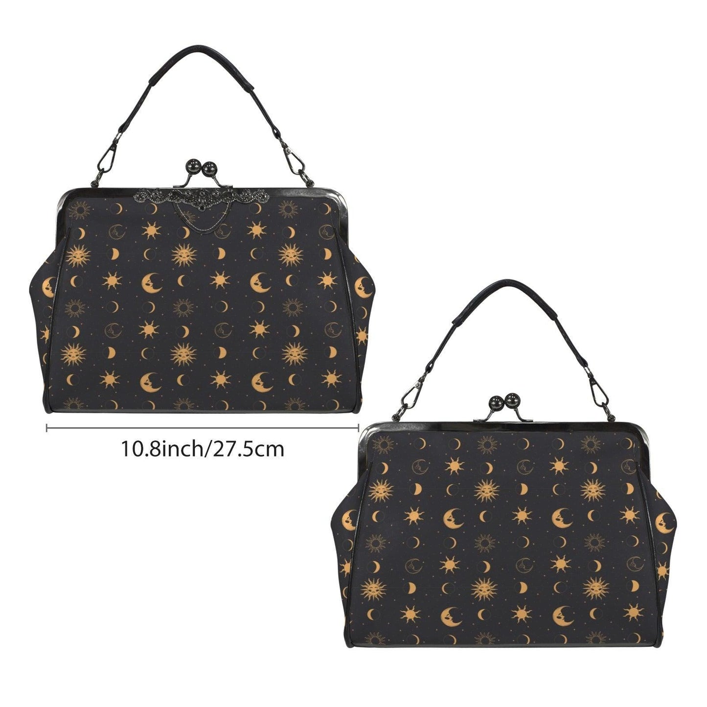 Black Gold Celestial Sun Moon Kiss Lock Handbag, Astrology Crossbody Bag