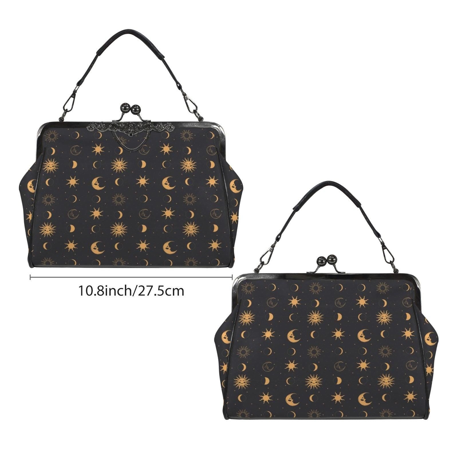 Black Gold Celestial Sun Moon Kiss Lock Handbag, Astrology Crossbody Bag