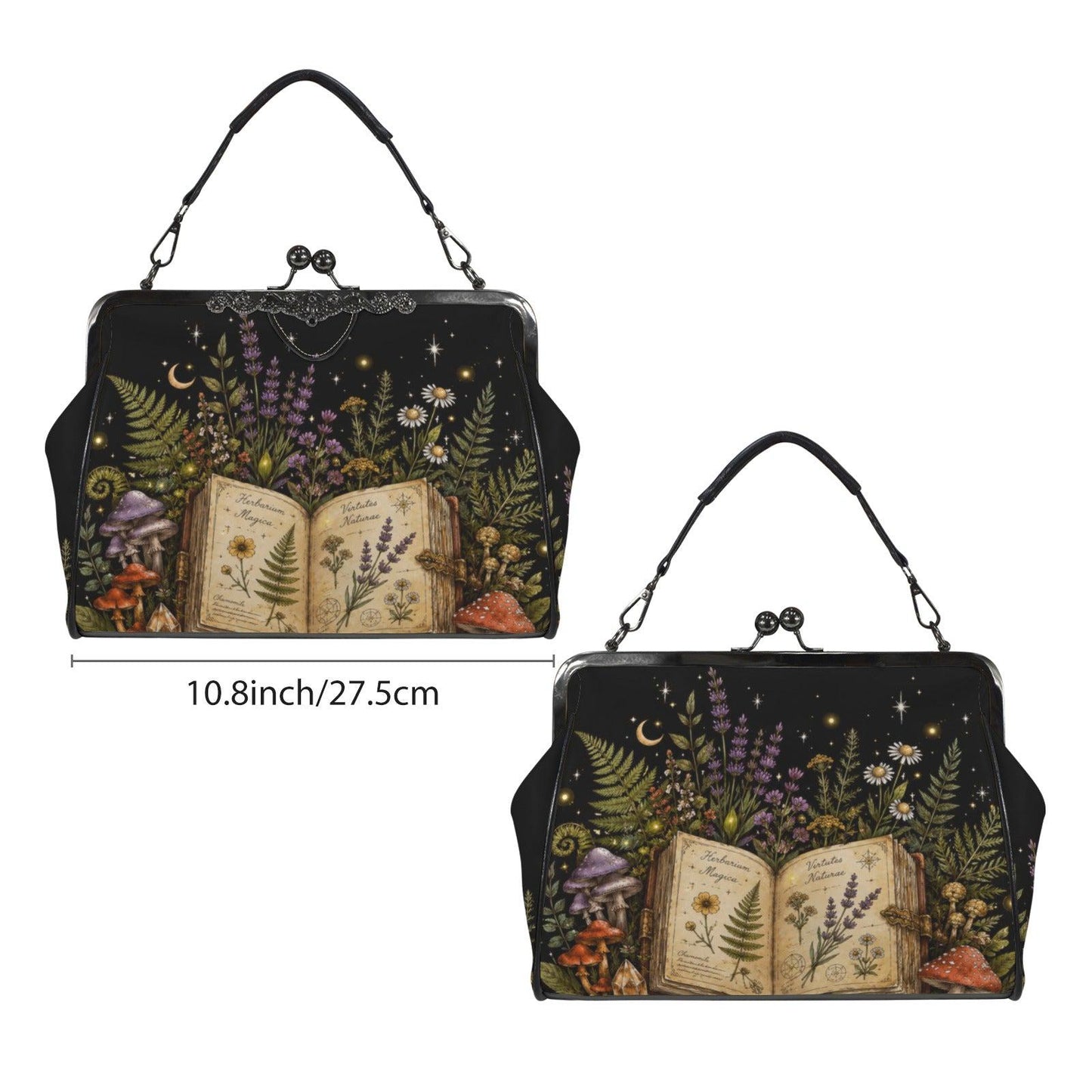 Witchy Mushroom Purse, Botanical Spell Book Print Kiss Lock Handbag, Cottagecore Crossbody Bag