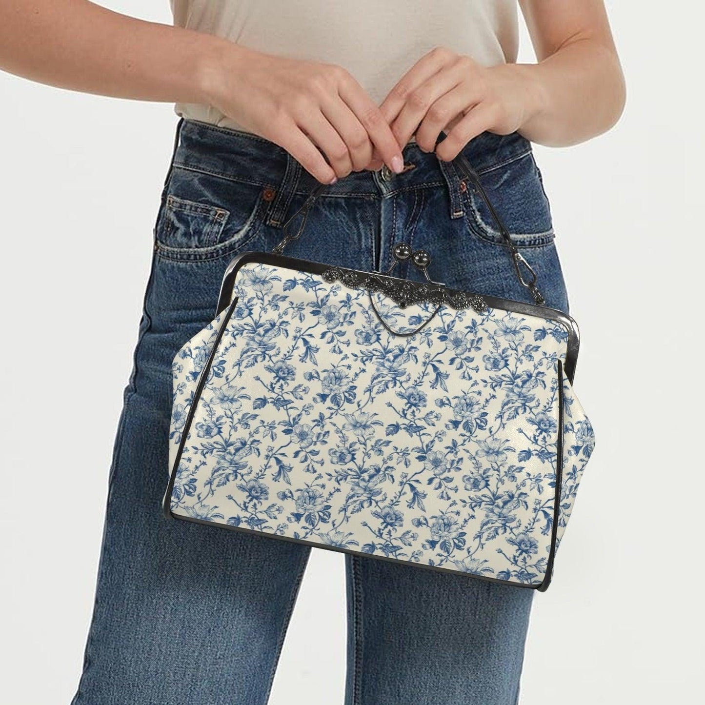 Blue Toile Handbag, Chinoiserie Floral Kiss Lock Purse, Detachable Strap Bag