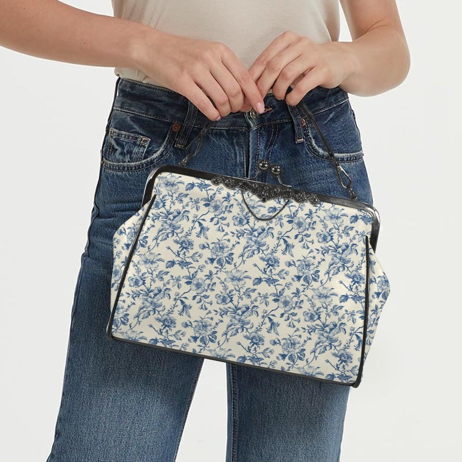 Blue Toile Handbag, Chinoiserie Floral Kiss Lock Purse, Detachable Strap Bag