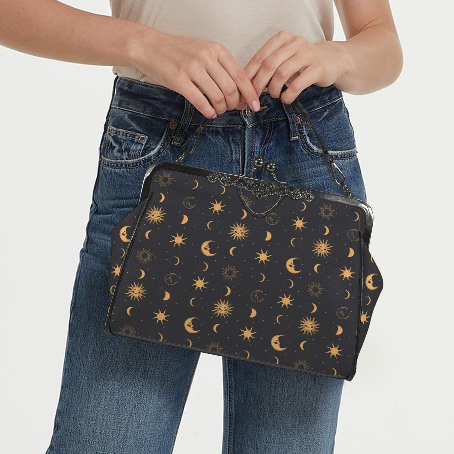 Black Gold Celestial Sun Moon Kiss Lock Handbag, Astrology Crossbody Bag
