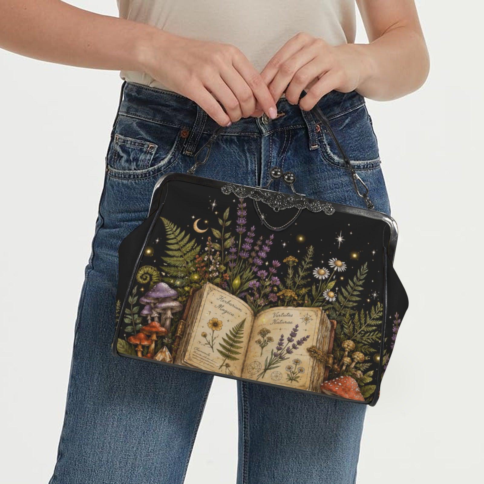 Witchy Mushroom Purse, Botanical Spell Book Print Kiss Lock Handbag, Cottagecore Crossbody Bag