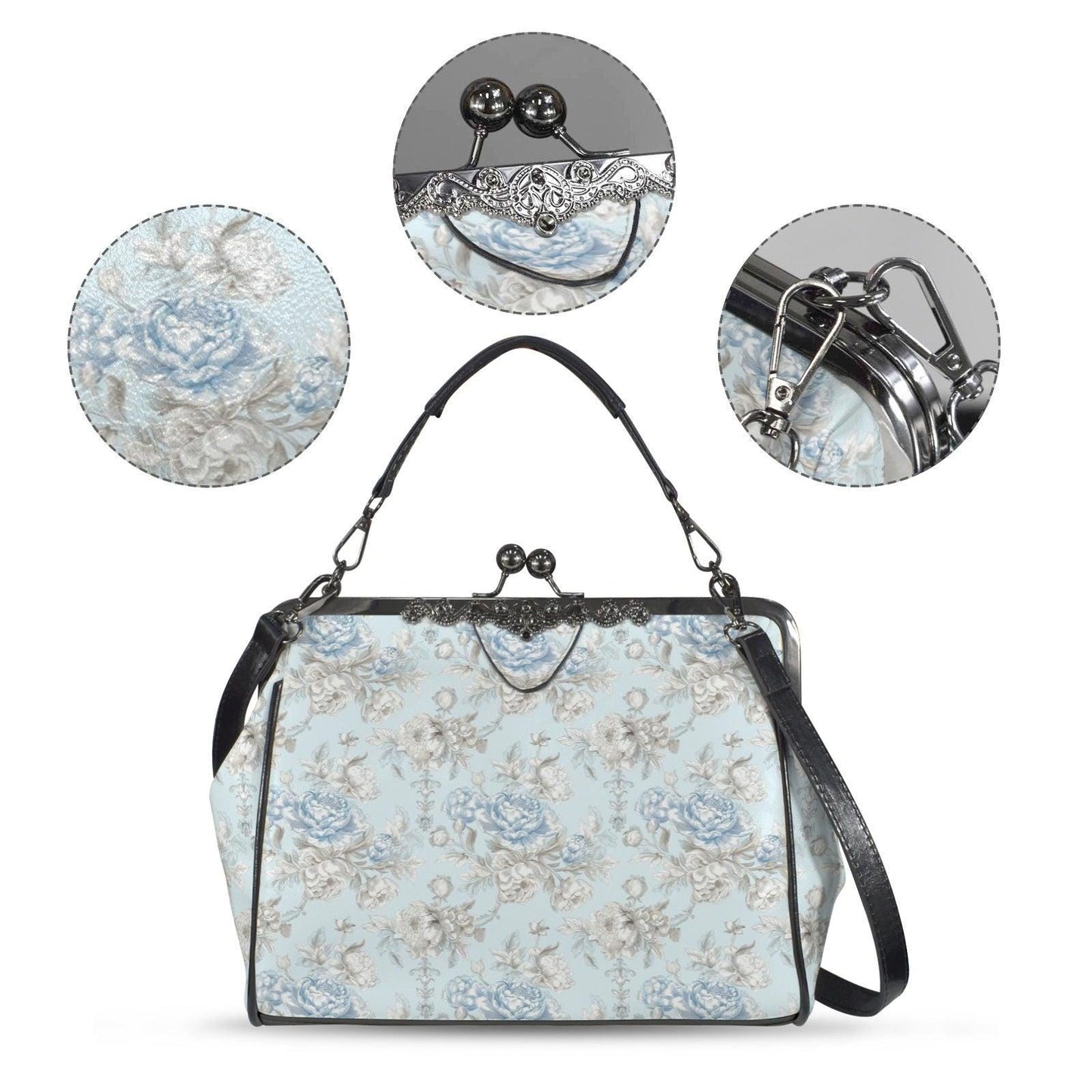 Blue Floral Kiss Lock Handbag, Vintage Style Rose Print Shoulder Bag