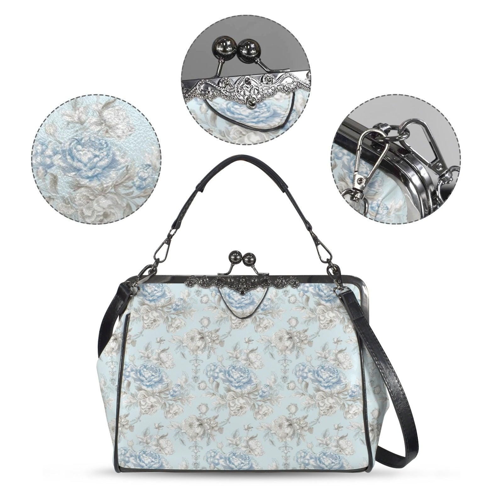 Blue Floral Kiss Lock Handbag, Vintage Style Rose Print Shoulder Bag