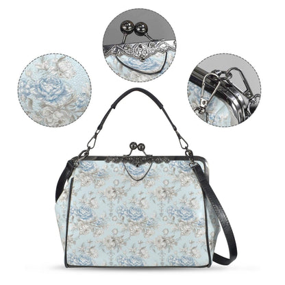 Blue Floral Kiss Lock Handbag, Vintage Style Rose Print Shoulder Bag