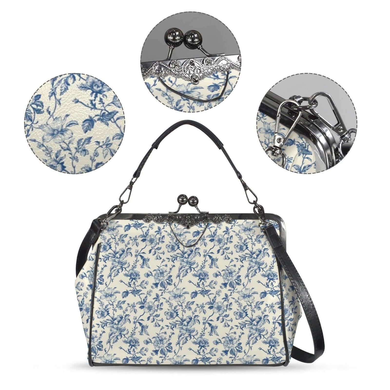 Blue Toile Handbag, Chinoiserie Floral Kiss Lock Purse, Detachable Strap Bag