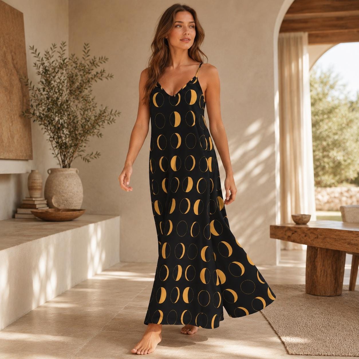 Black and Yellow Moon Phase Print Maxi Dress with Spaghetti Straps