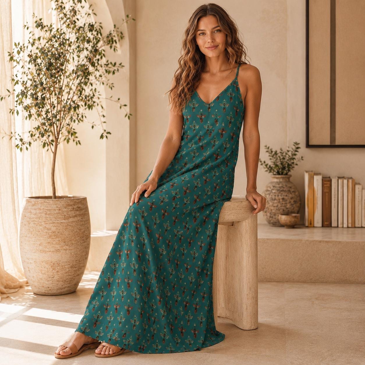 Teal Green Bee Print Maxi Dress, Vintage Honeybee Cottagecore Sundress