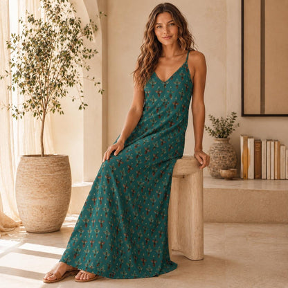 Teal Green Bee Print Maxi Dress, Vintage Honeybee Cottagecore Sundress