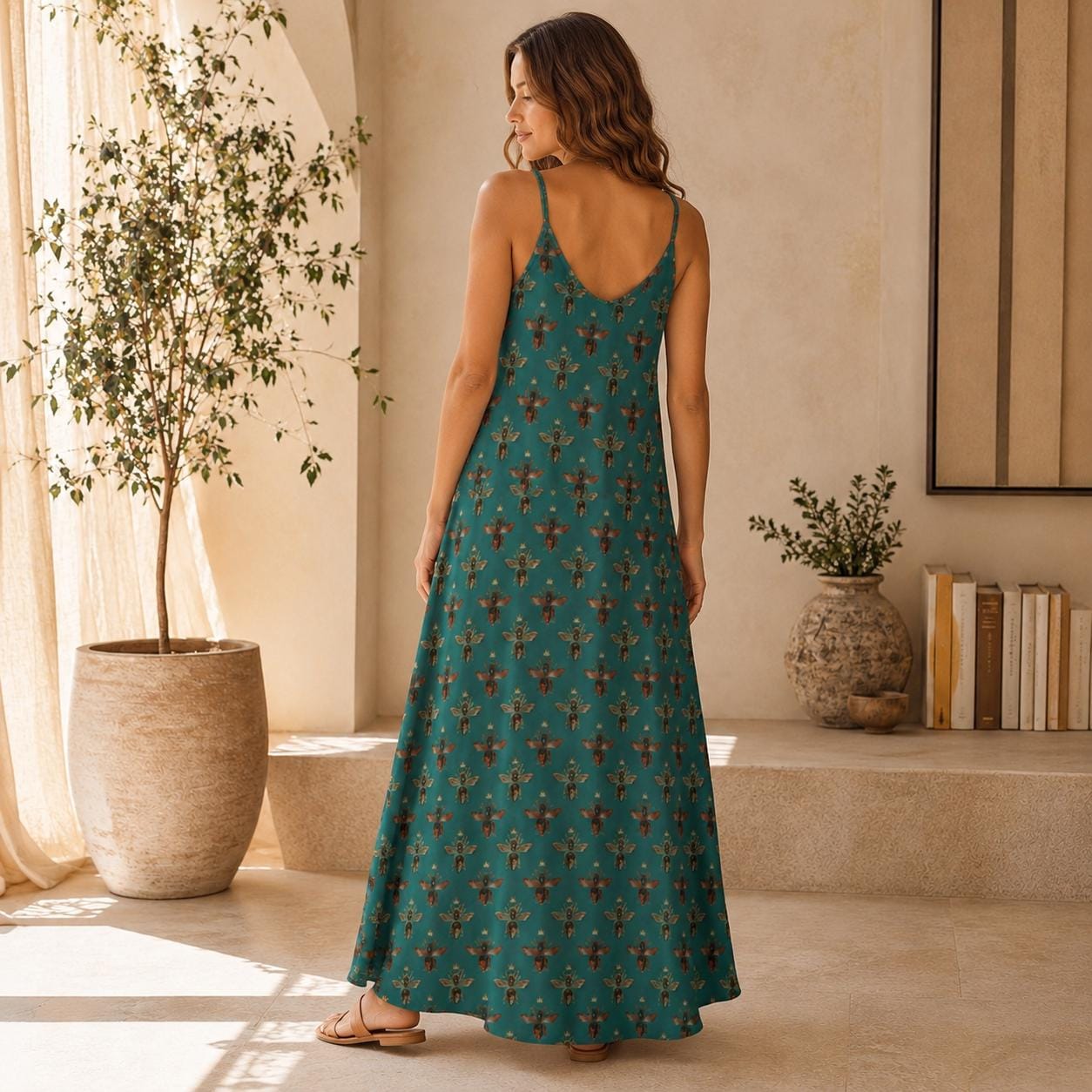 Teal Green Bee Print Maxi Dress, Vintage Honeybee Cottagecore Sundress