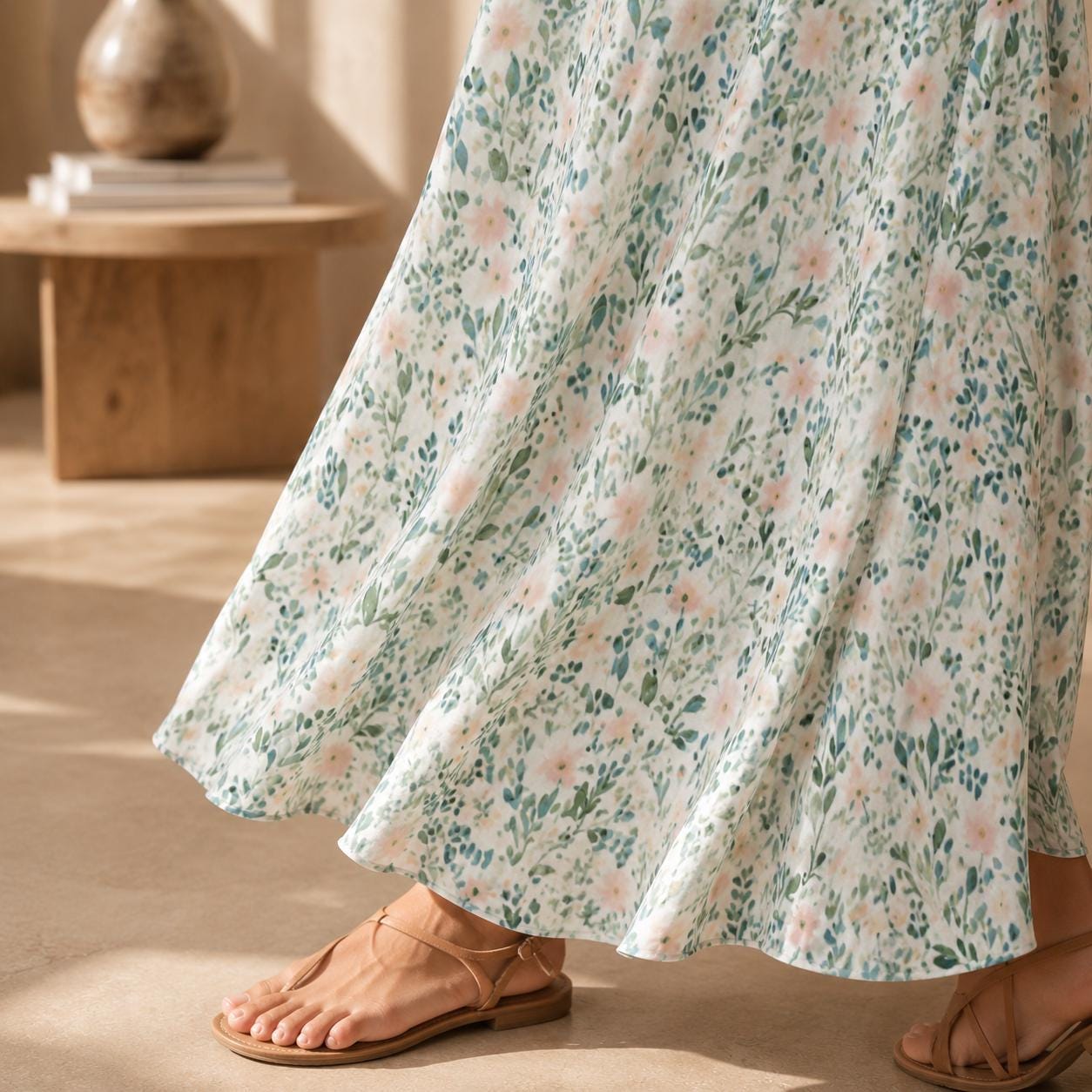 Sage Green Watercolor Floral Maxi Dress, Coastal Grandmother Summer Sundress