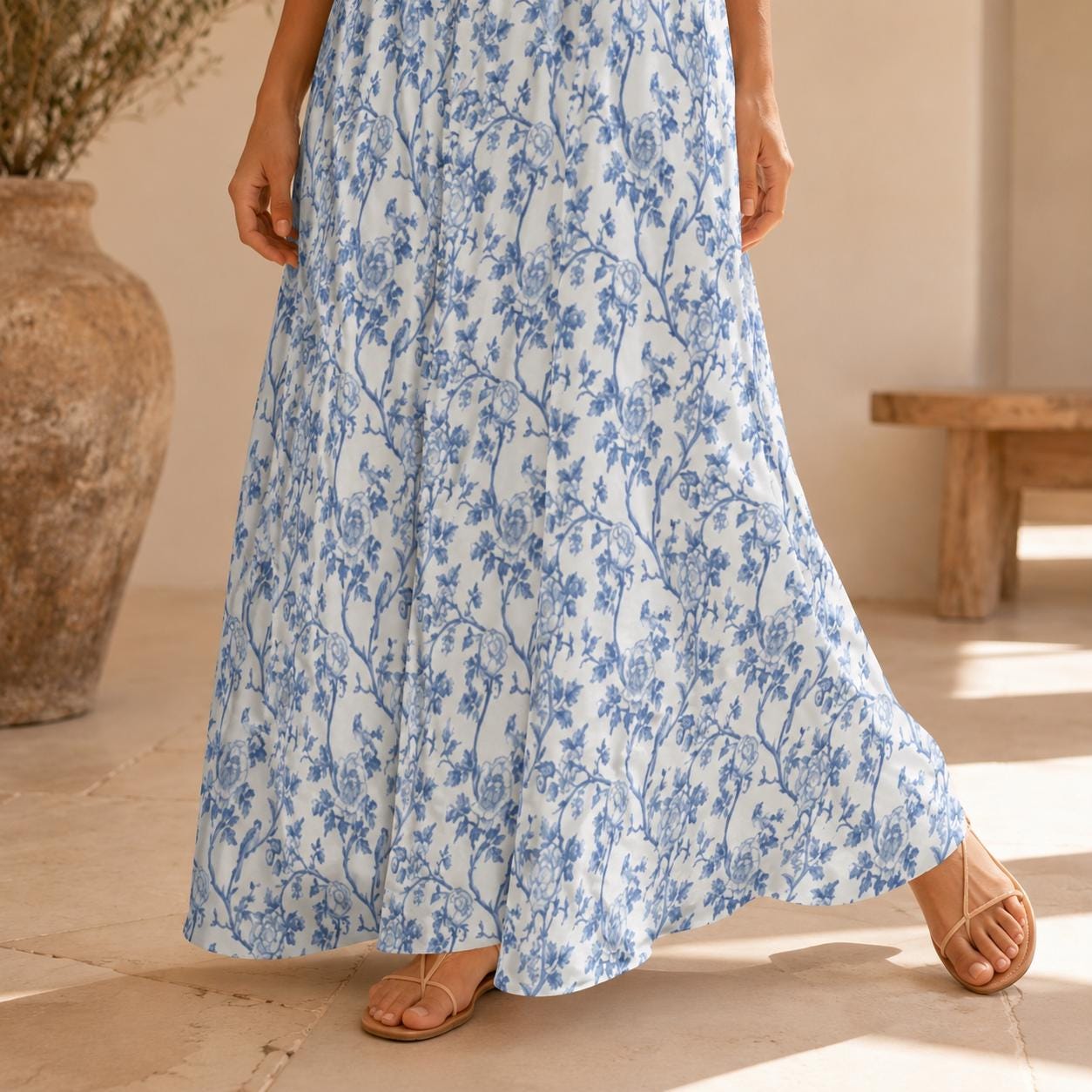 Blue White Toile Maxi Dress, Chinoiserie Floral V Neck Sundress, Coastal Summer Vacation