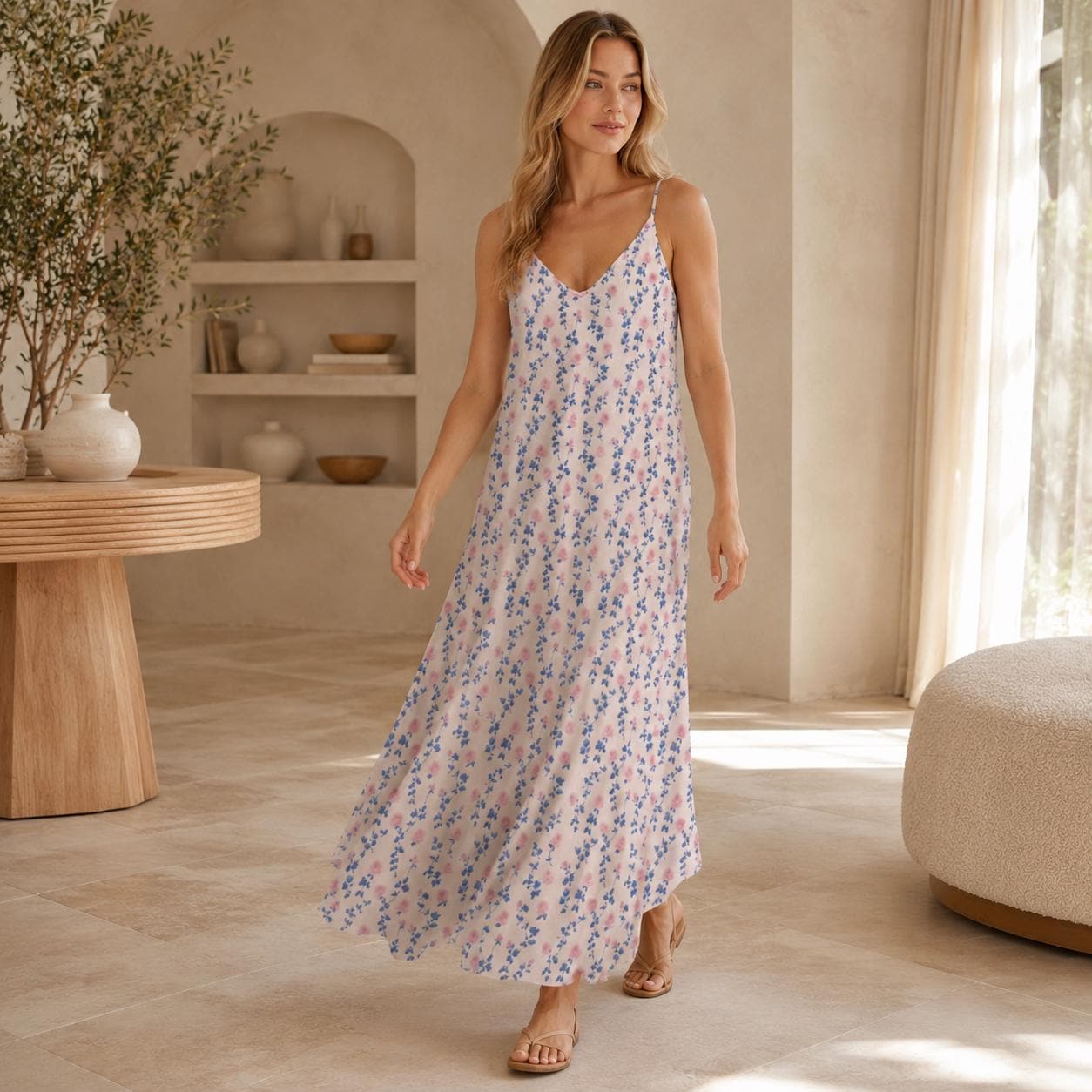 Cream Ditsy Floral Maxi Dress, Pink Blue Blossoms, Cottagecore Cami Sundress, Garden Wedding Picnic